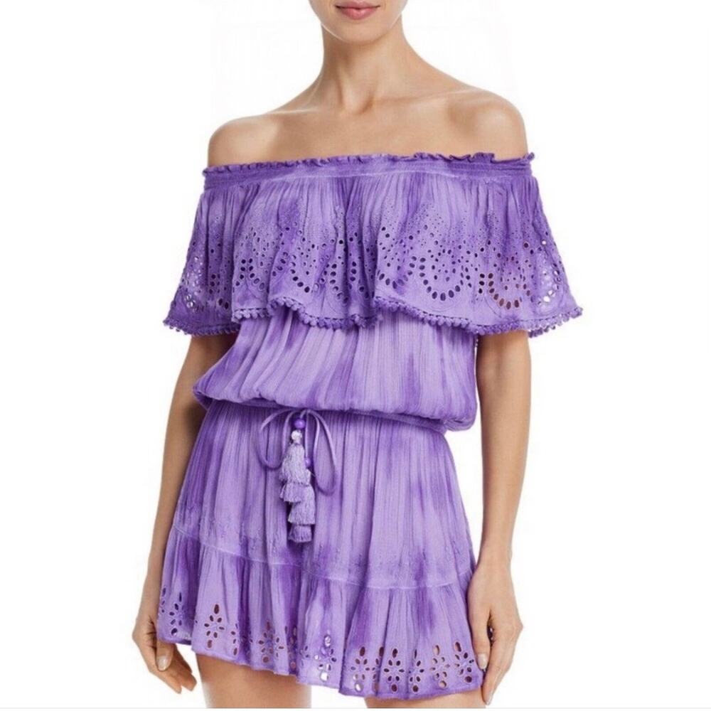 RAMY BROOK Off Shoulder Boho Eyelet Mini Dress Purple Peasant Festival Medium